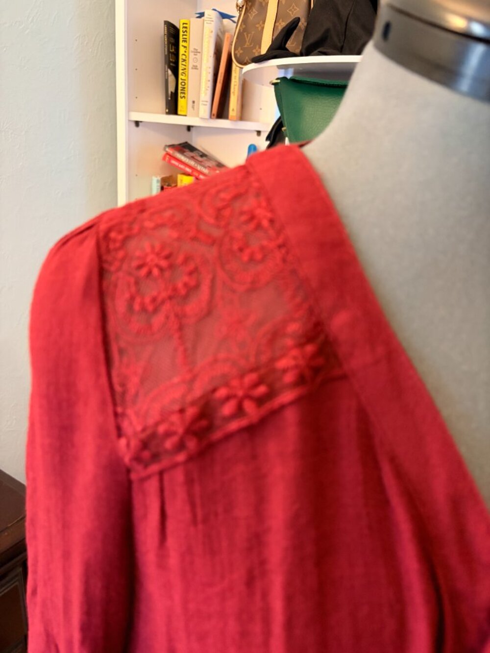 MINE Burgundy Wine Red Lace Yoke Blouse L Cottagecore Romantic Boho Festival - Picture 4 of 15